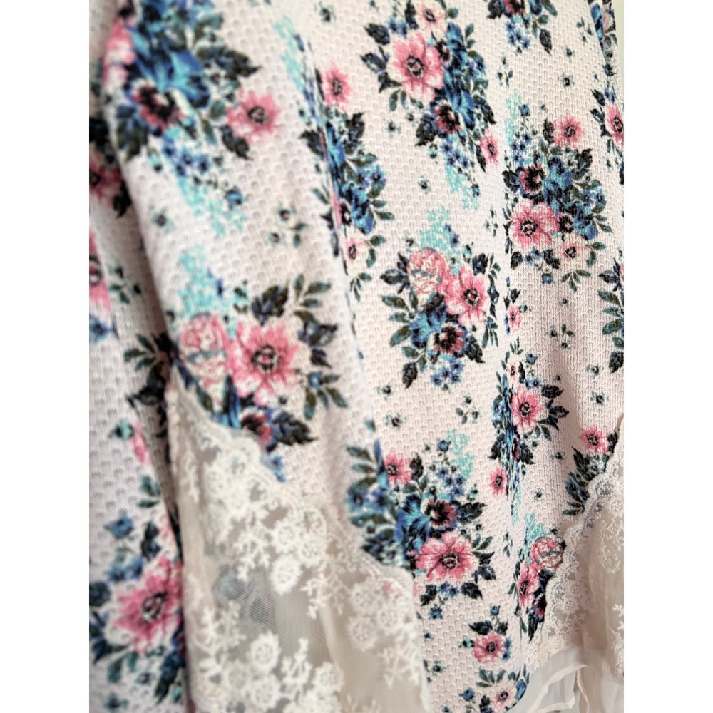Tru Self Womens Floral Waffle Knit Top Lace Chiffon Trim Pink Blue Size M NEW - Picture 2 of 8
